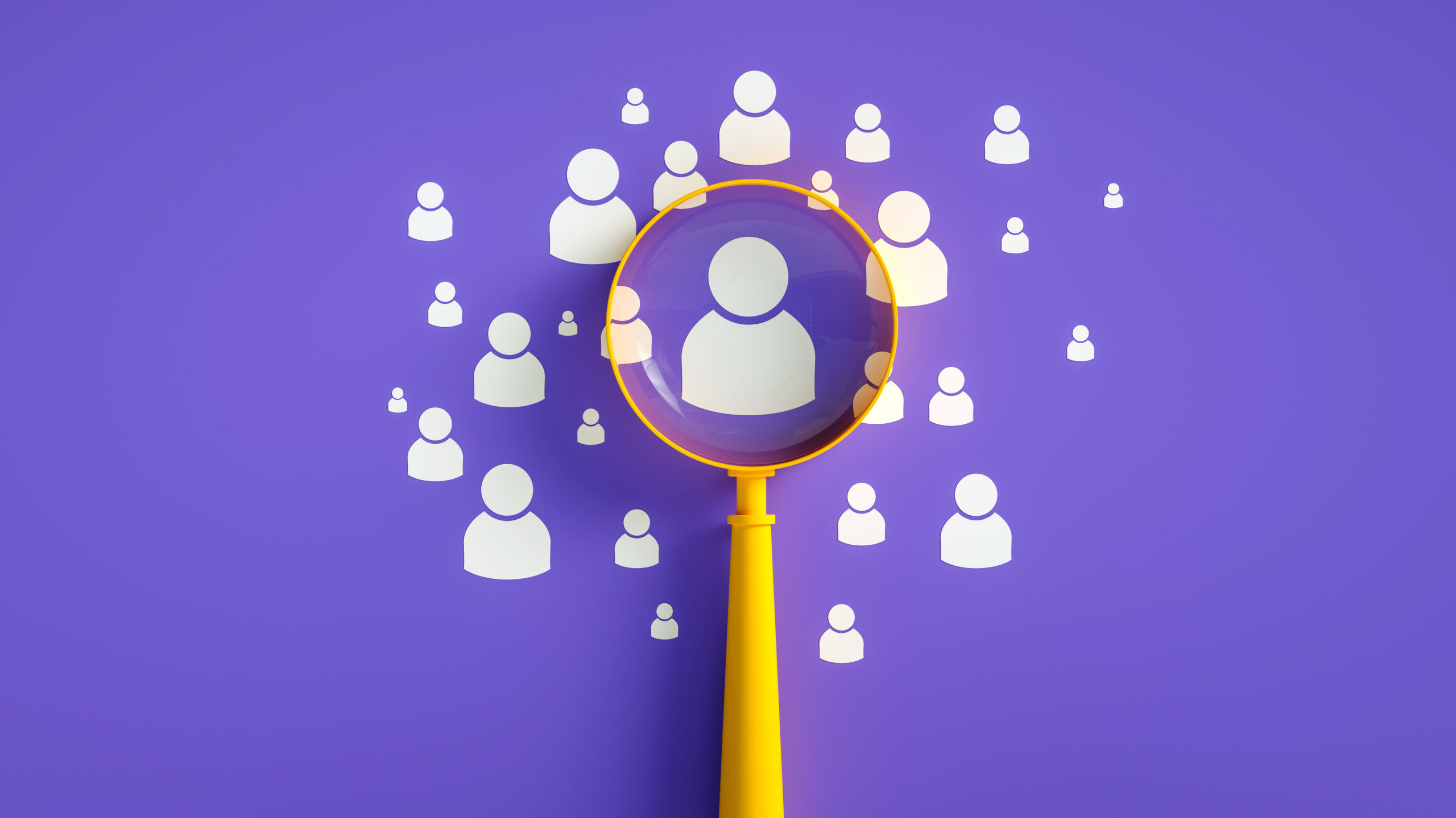 Job recruiter concept. Magnifier And People Icon On Purple Background, Business Leadership Concept